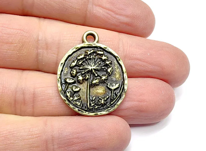 Vintage Dandelion Round Charms, Boho Tribal Statement Charm, Ethnic Boho Dangle Earring, Antique Bronze Plated Zamac 29x23mm G36836