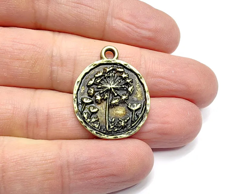 Vintage Dandelion Round Charms, Boho Tribal Statement Charm, Ethnic Boho Dangle Earring, Antique Bronze Plated Zamac 29x23mm G36836