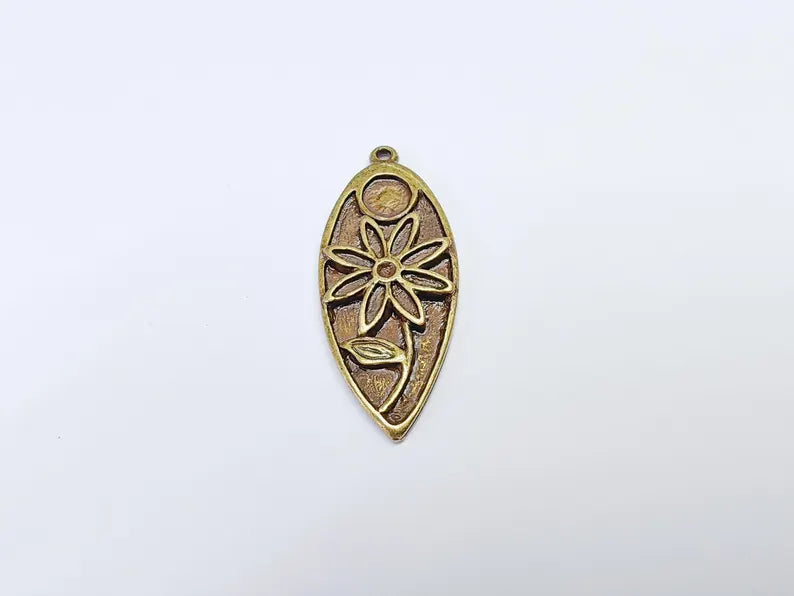 Flower Charms, Boho Charms, Earring Charms, Dangle Pendant, Necklace Parts, Antique Bronze Plated 46x19mm G36840