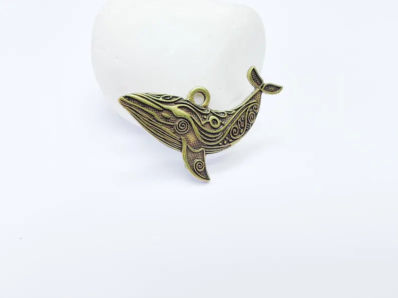 Whale Charm, Whale Pendant, Nautical Boho Charm, Earring Charms, Ocean Dangle Pendant, Mystic Whale, Antique Bronze Plated 40x24mm G36841
