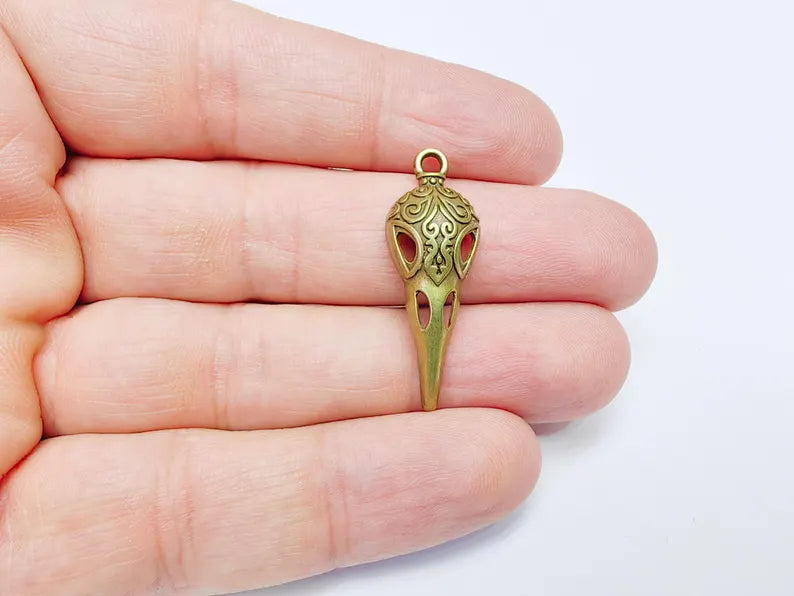2 Raven Skull Charm Pendant, Gothic Boho Charm, Earring Charm, Mystical Bird, Necklace Parts, Antique Bronze Plated 34x12mm G36842