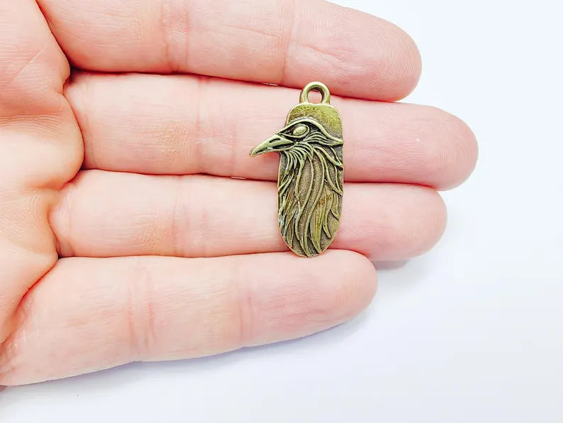 2 Raven Charm Pendant, Gothic Boho Charm, Nature Earring Charm, Mystical Crow Bird, Necklace Parts, Antique Bronze Plated Zamac 32x17mm G36845