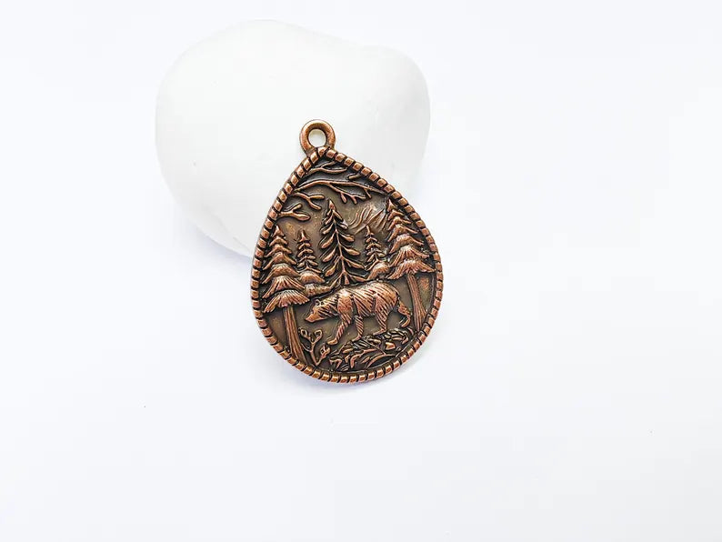 Bear and Forest Pendant Charm, Boho Charm, Nature Earring Charm, Wild Nature Necklace Parts, Antique Copper Plated 42x31mm G36847