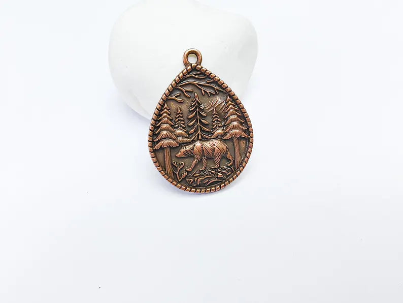 Bear and Forest Pendant Charm, Boho Charm, Nature Earring Charm, Wild Nature Necklace Parts, Antique Copper Plated 42x31mm G36847
