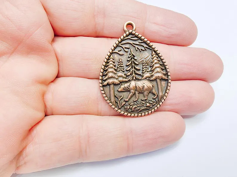 Bear and Forest Pendant Charm, Boho Charm, Nature Earring Charm, Wild Nature Necklace Parts, Antique Copper Plated 42x31mm G36847
