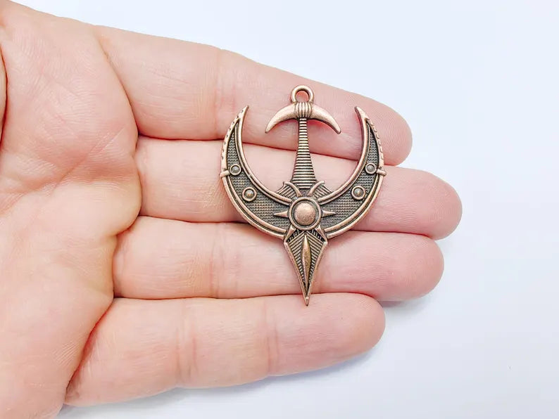 Mystical Bohemian Pendant, Mythology Crescent Charm, Tuareg Charm, Earring Charm, Gothic Pendant, Antique Copper Plated Zamac 50x38mm G36849