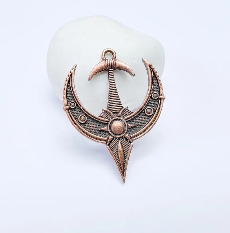 Mystical Bohemian Pendant, Mythology Crescent Charm, Tuareg Charm, Earring Charm, Gothic Pendant, Antique Copper Plated Zamac 50x38mm G36849