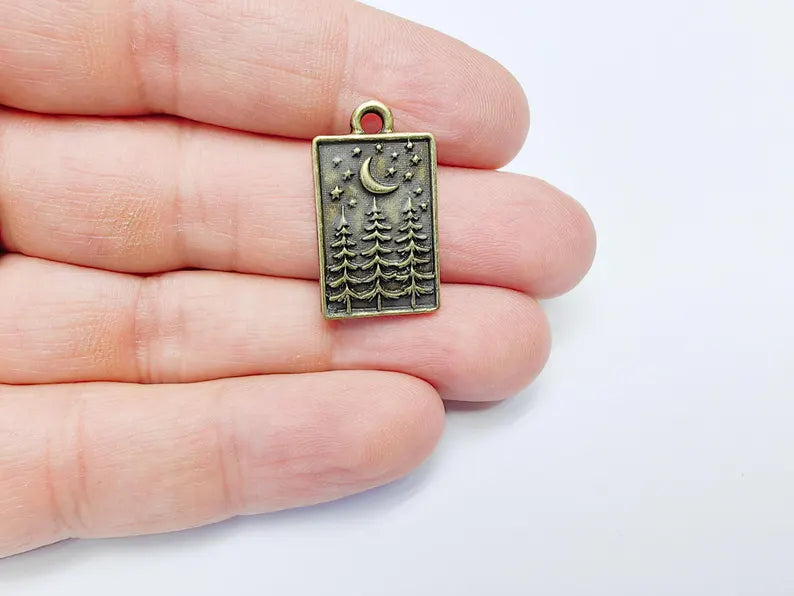 2 Pine Tree Forest Crescent Stars Charm, Nature Boho Earring Charm, Dangle Pendant, Necklace Part, Antique Bronze Plated 26x15mm G36850