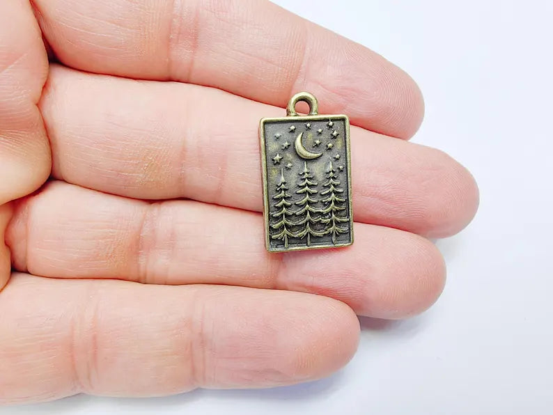 2 Pine Tree Forest Crescent Stars Charm, Nature Boho Earring Charm, Dangle Pendant, Necklace Part, Antique Bronze Plated 26x15mm G36850