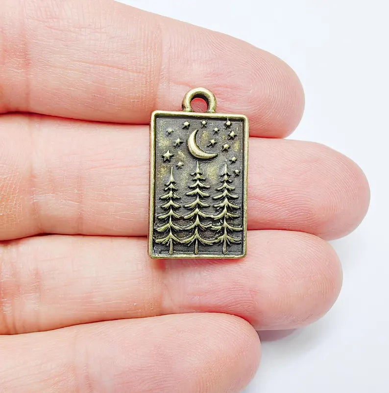 2 Pine Tree Forest Crescent Stars Charm, Nature Boho Earring Charm, Dangle Pendant, Necklace Part, Antique Bronze Plated 26x15mm G36850
