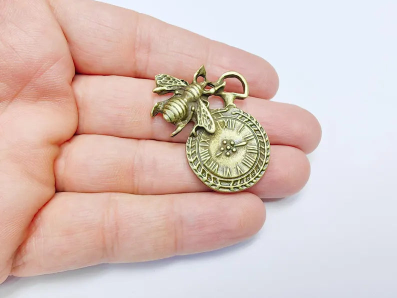 Bee and Clock Pendant Charm, Boho Steampunk Pendant, Earring Charm, Necklace Parts, Antique Bronze Plated 39x31mm G36851