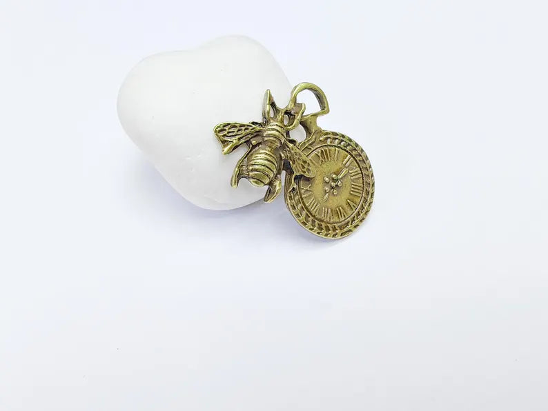 Bee and Clock Pendant Charm, Boho Steampunk Pendant, Earring Charm, Necklace Parts, Antique Bronze Plated 39x31mm G36851
