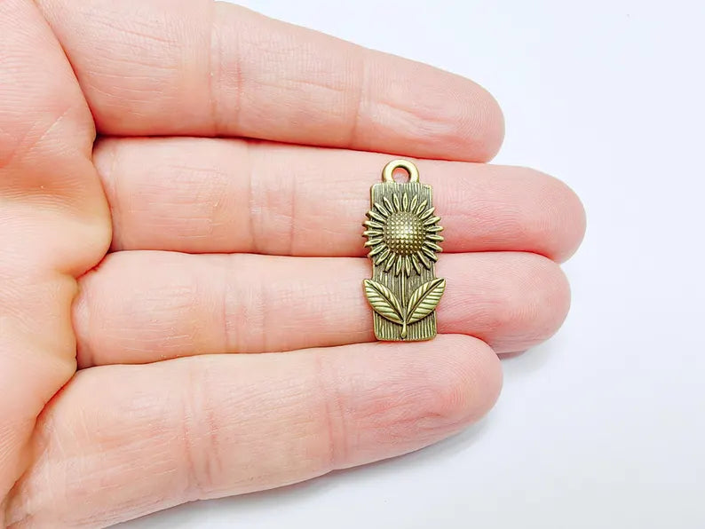 2 Flower Charms, Floral Pendant, Herb Earring Charms, Sunflower Dangle Pendant, Necklace Part, Antique Bronze Plated 28x12mm G36852