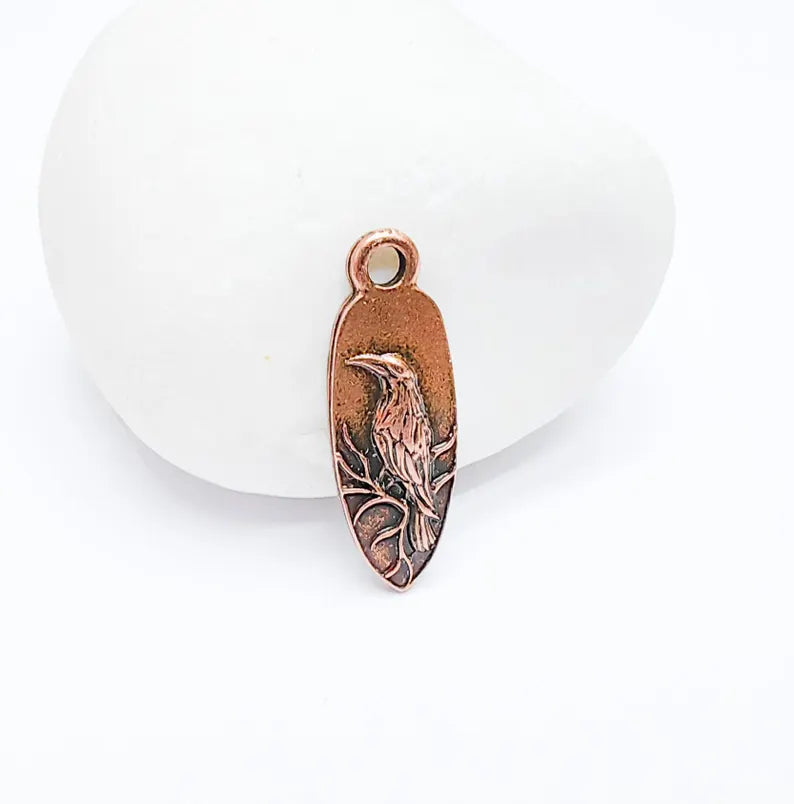 4 Raven Charm Pendant, Gothic Boho Charm, Nature Earring Charm, Mystical Bird, Necklace Parts, Antique Copper Plated Zamac 26x9mm G36853