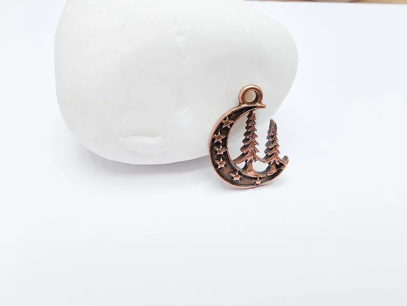 4 Moon Star and Pine Tree Pendant, Boho Charm, Earring Charm, Dangle Pendant, Necklace Parts, Antique Copper Plated Metal 18x15mm G36854