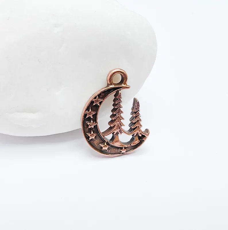 4 Moon Star and Pine Tree Pendant, Boho Charm, Earring Charm, Dangle Pendant, Necklace Parts, Antique Copper Plated Metal 18x15mm G36854