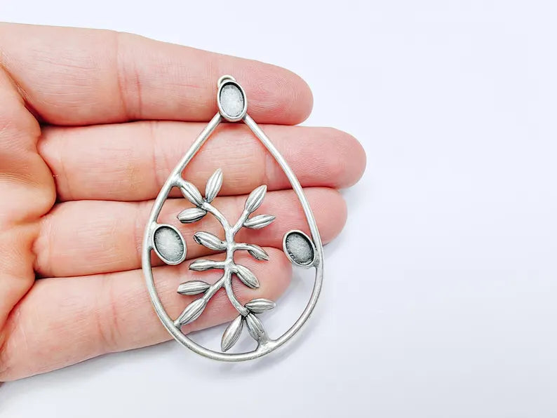 Leaf Pendant Bezel, Cabochon Blank, Locket Pendant Base, inlay Mounting, Resin Necklace, Antique Silver Plated Brass 9x6mm G36757