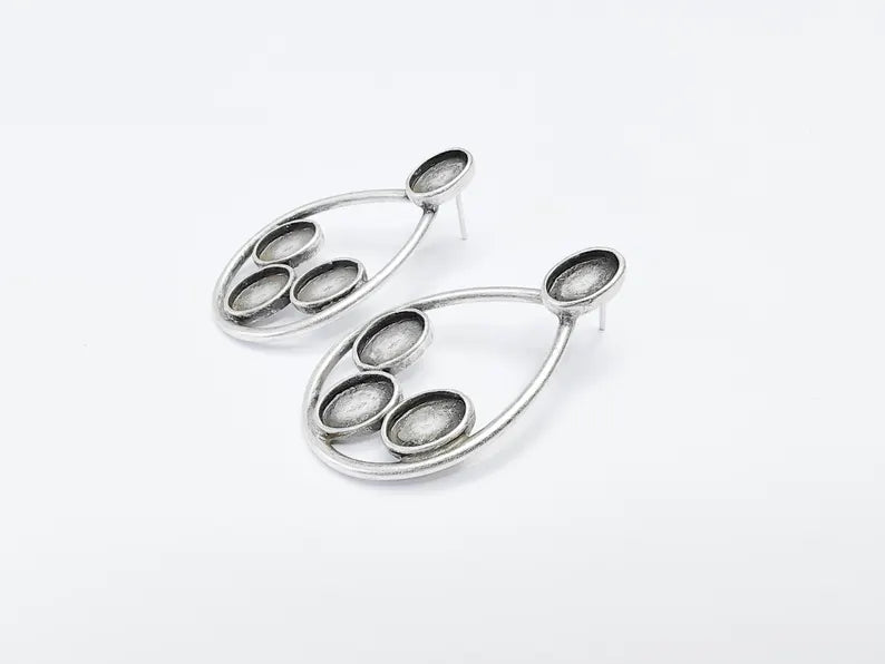 Drop Oval Earring Stud Base, Earring Blank, Ear Resin Bezel, Cabochon Mounting, Antique Silver Plated Brass (9x6mm bezel) G36761