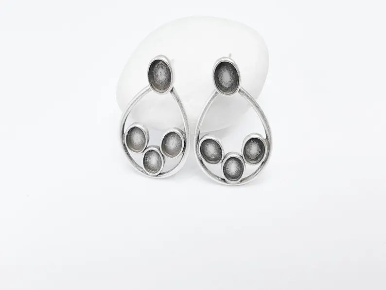Drop Oval Earring Stud Base, Earring Blank, Ear Resin Bezel, Cabochon Mounting, Antique Silver Plated Brass (9x6mm bezel) G36761