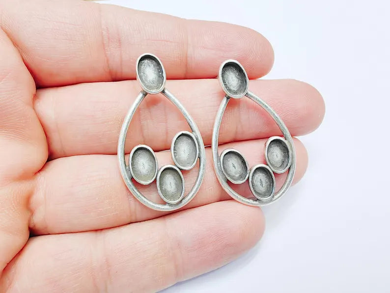 Drop Oval Earring Stud Base, Earring Blank, Ear Resin Bezel, Cabochon Mounting, Antique Silver Plated Brass (9x6mm bezel) G36761