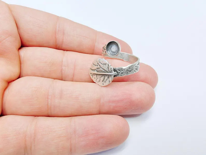 Leaf Ring Setting, Cabochon Blank, Resin Bezel, Round Ring Mounting Epoxy Frame Base Adjustable Antique Silver Plated Brass 6mm G36765