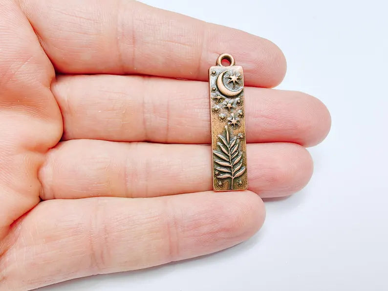Moon and Stars Plant Charms, Crescent Earring Charms, Celestial and Nature Inspired Charm, Antique Copper Plated 39x10mm G36863