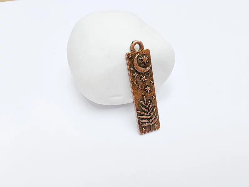 Moon and Stars Plant Charms, Crescent Earring Charms, Celestial and Nature Inspired Charm, Antique Copper Plated 39x10mm G36863