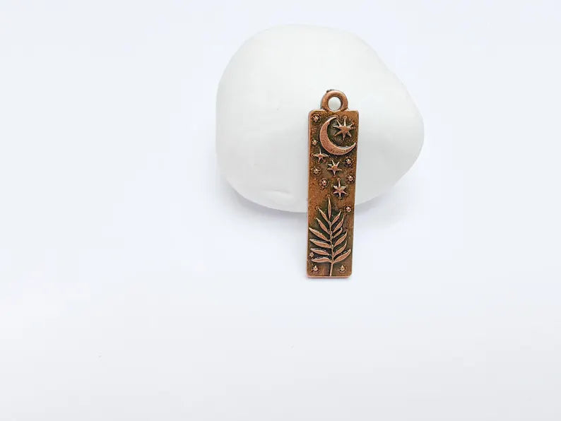 Moon and Stars Plant Charms, Crescent Earring Charms, Celestial and Nature Inspired Charm, Antique Copper Plated 39x10mm G36863