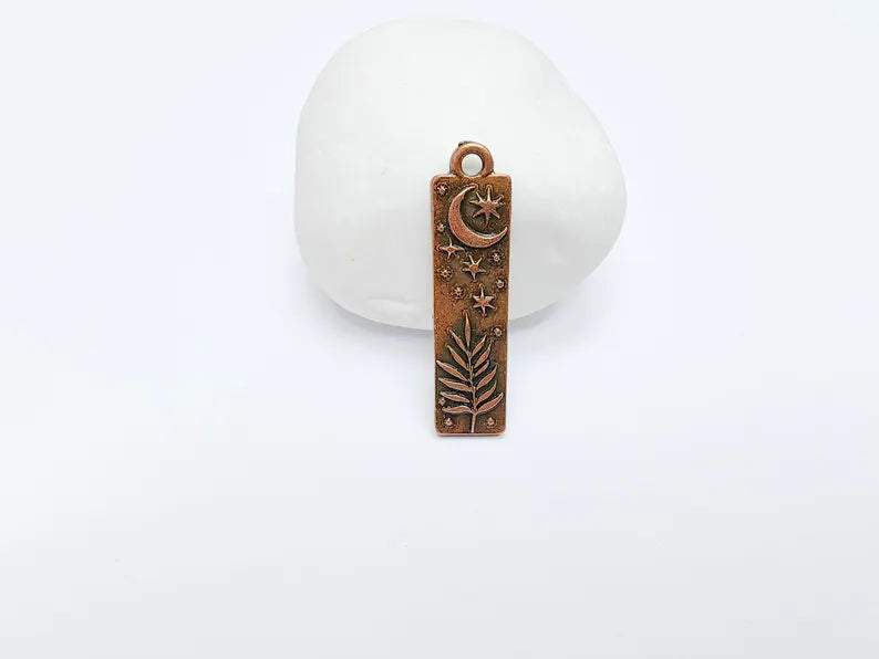 Moon and Stars Plant Charms, Crescent Earring Charms, Celestial and Nature Inspired Charm, Antique Copper Plated 39x10mm G36863