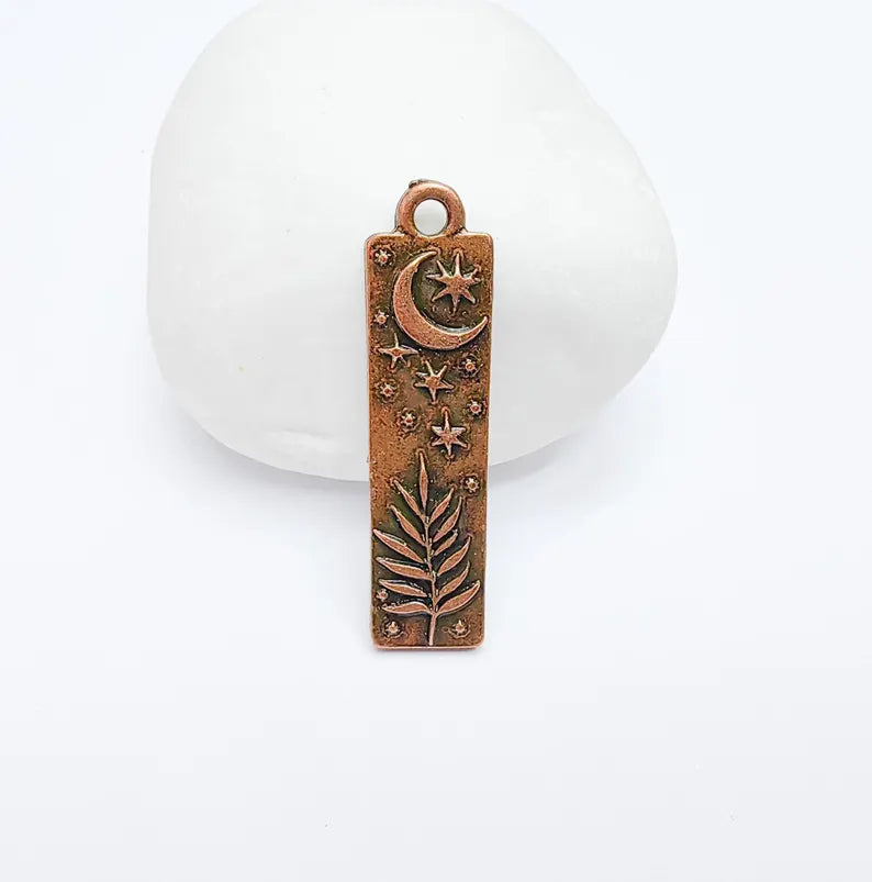 Moon and Stars Plant Charms, Crescent Earring Charms, Celestial and Nature Inspired Charm, Antique Copper Plated 39x10mm G36863