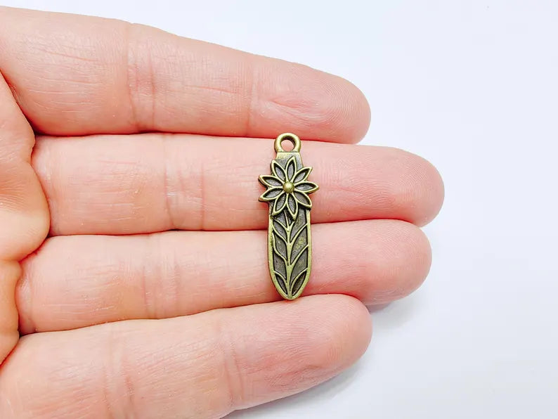 2 Flower Charms, Floral Pendant, Herb Earring Charms, Dangle Pendant, Necklace Part, Antique Bronze Plated 31x11mm G36864
