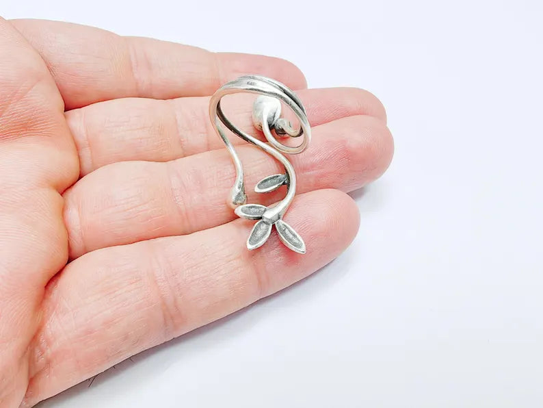 Floral Vine Ring Setting, Leaf Cabochon Blank, Resin Bezel, Mounting Epoxy Frame Base Adjustable Antique Silver Plated Brass 9x6mm G36786