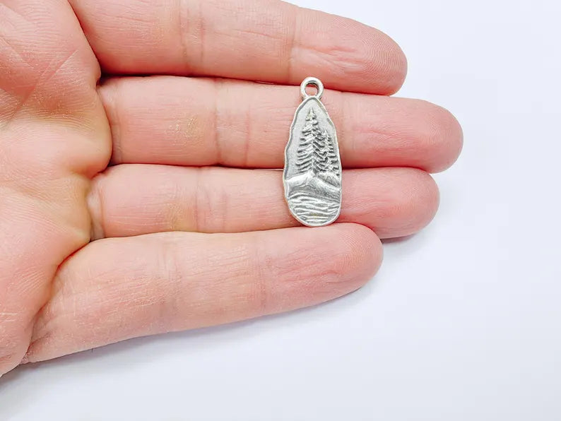 Pine Tree Rocky, Mountain Charms, Forest Landscape Pendant, Nature Pendant Boho Earring Charms, Antique Silver Plated 31x12mm G36865