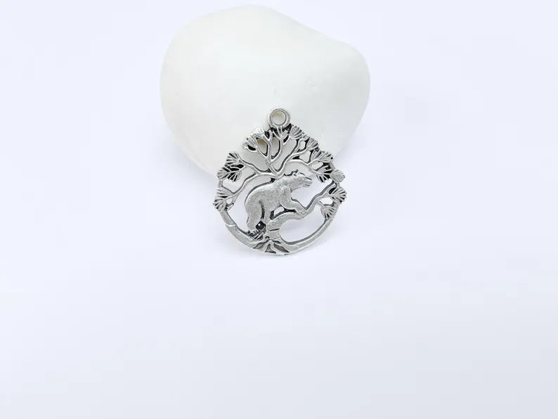 Bear and Tree of Life Charm Pendant, Rustic Wildlife Jewelry Charm, Boho Charms, Earring Charms, Antique Silver Plated 33x29mm G36866
