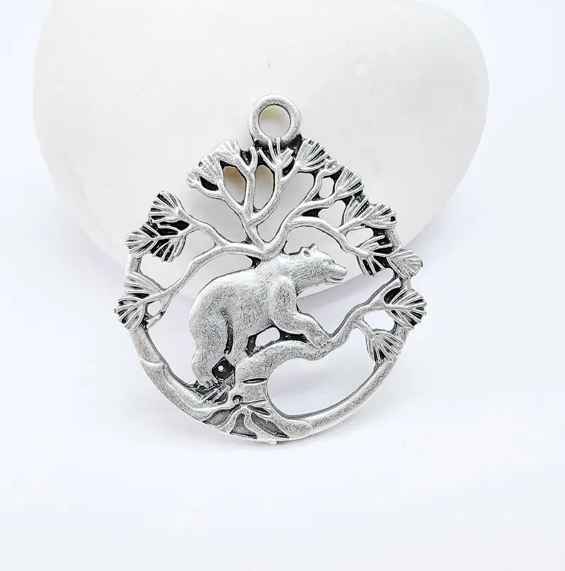 Bear and Tree of Life Charm Pendant, Rustic Wildlife Jewelry Charm, Boho Charms, Earring Charms, Antique Silver Plated 33x29mm G36866
