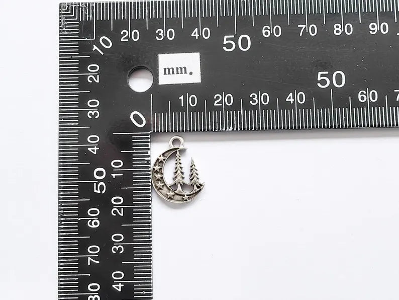 4 Moon Star and Pine Tree Charm, Boho Charm, Earring Charm, Dangle Pendant, Necklace Parts, Antique Silver Plated Metal 18x15mm G36867