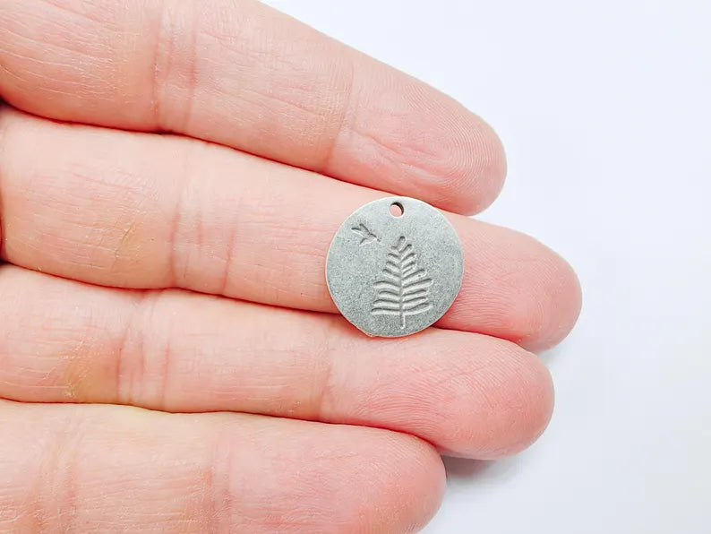 4 Tree and Bird Charms, Round Boho Charm, Earring Charm, Dangle Pendant, Necklace Parts, Antique Silver Plated Metal 17mm G36869