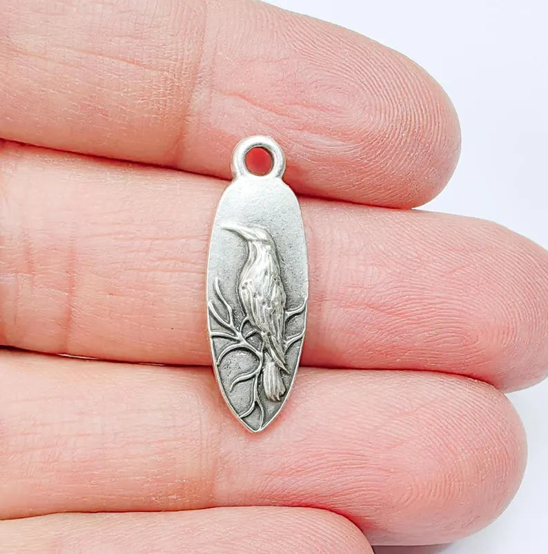 4 Raven Charm Pendant, Gothic Boho Charm, Nature Earring Charm, Mystical Bird, Necklace Parts, Antique Silver Plated Zamac 26x9mm G36870