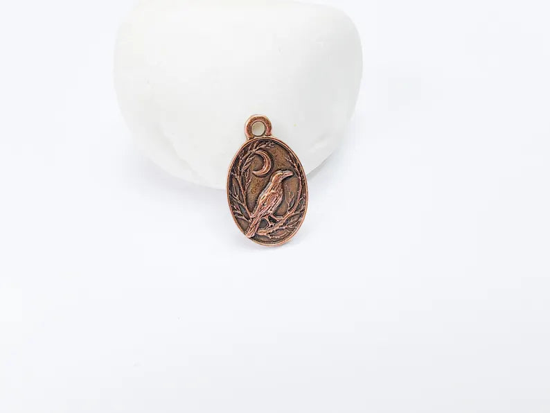 2 Raven and Moon Charm Pendant, Gothic Boho Charm, Nature Earring Charm, Mystical Bird, Necklace Parts, Antique Copper Plated 23x14mm G36871