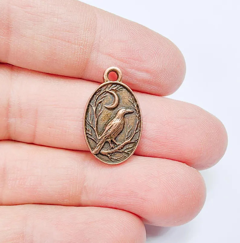 2 Raven and Moon Charm Pendant, Gothic Boho Charm, Nature Earring Charm, Mystical Bird, Necklace Parts, Antique Copper Plated 23x14mm G36871