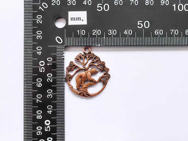 Bear and Tree of Life Charm Pendant, Rustic Wildlife Jewelry Charm, Boho Charms, Earring Charms, Antique Copper Plated 33x29mm G36872