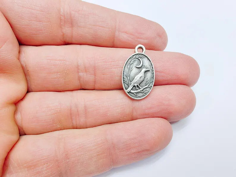 2 Raven and Moon Charm Pendant, Gothic Boho Charm, Nature Earring Charm, Mystical Bird, Necklace Parts, Antique Silver Plated 23x14mm G36873