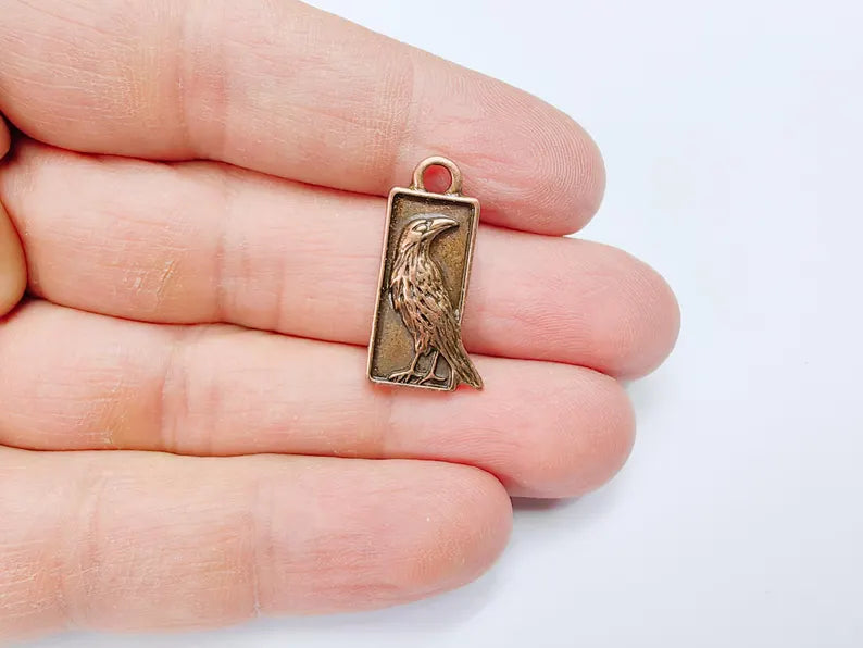 4 Raven Charm Pendant, Gothic Boho Charm, Nature Earring Charm, Mystical Bird, Necklace Parts, Antique Copper Plated Zamac 25x10mm G36875