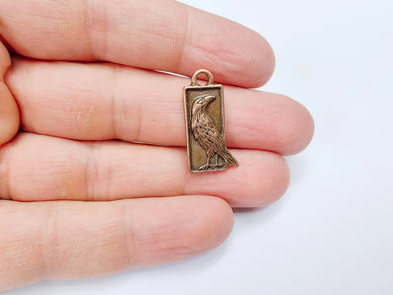 4 Raven Charm Pendant, Gothic Boho Charm, Nature Earring Charm, Mystical Bird, Necklace Parts, Antique Copper Plated Zamac 25x10mm G36875