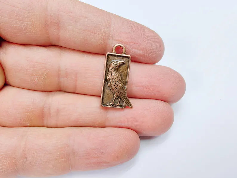 4 Raven Charm Pendant, Gothic Boho Charm, Nature Earring Charm, Mystical Bird, Necklace Parts, Antique Copper Plated Zamac 25x10mm G36875