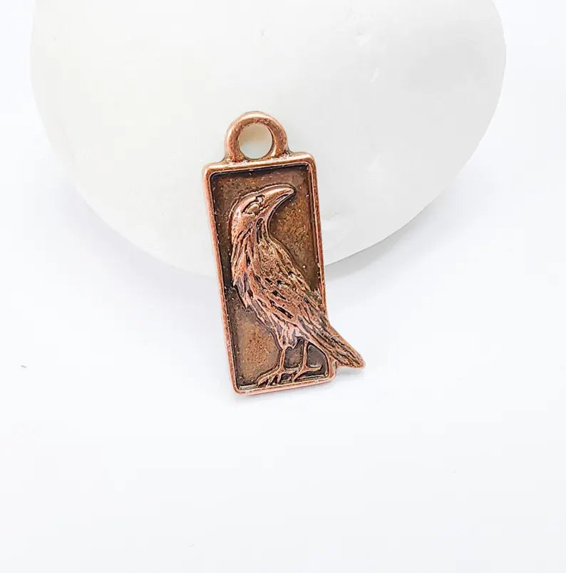 4 Raven Charm Pendant, Gothic Boho Charm, Nature Earring Charm, Mystical Bird, Necklace Parts, Antique Copper Plated Zamac 25x10mm G36875