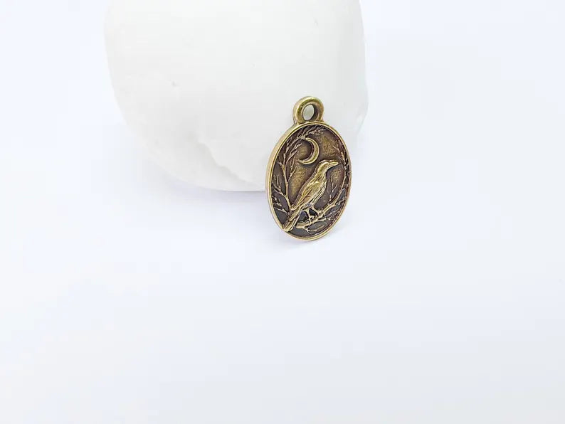 2 Raven and Moon Charm Pendant, Gothic Boho Charm, Nature Earring Charm, Mystical Bird, Necklace Parts, Antique Bronze Plated 23x14mm G36876