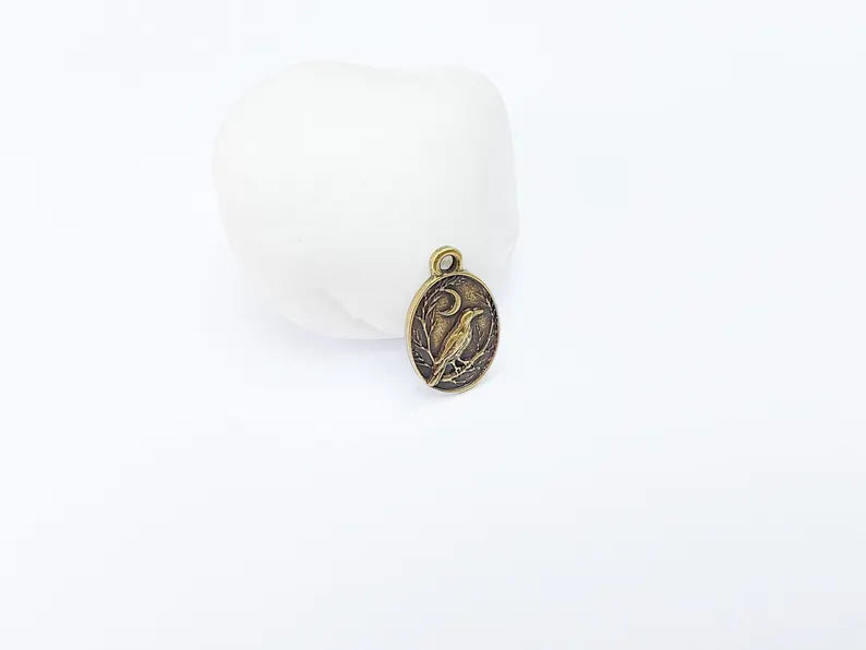 2 Raven and Moon Charm Pendant, Gothic Boho Charm, Nature Earring Charm, Mystical Bird, Necklace Parts, Antique Bronze Plated 23x14mm G36876