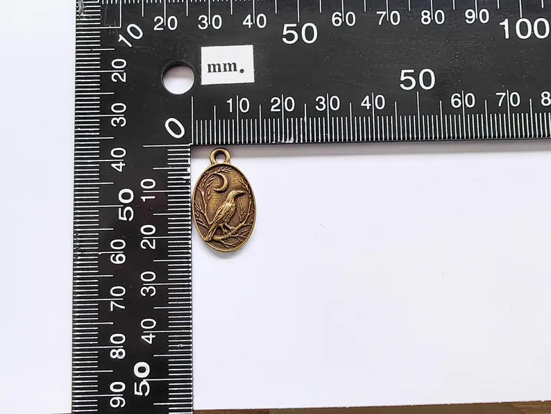 2 Raven and Moon Charm Pendant, Gothic Boho Charm, Nature Earring Charm, Mystical Bird, Necklace Parts, Antique Bronze Plated 23x14mm G36876