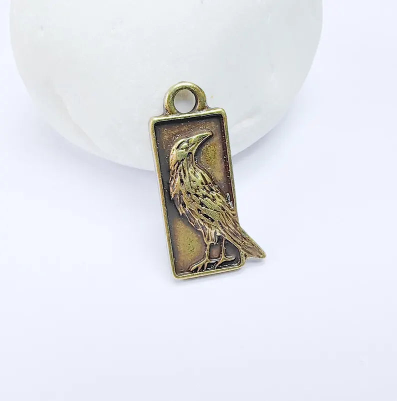 4 Raven Charm Pendant, Gothic Boho Charm, Nature Earring Charm, Mystical Bird, Necklace Parts, Antique Bronze Plated Zamac 25x10mm G36877